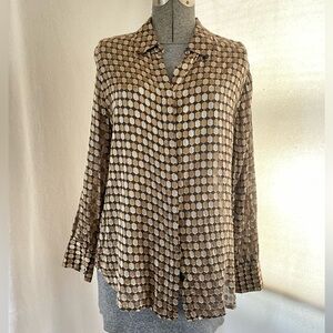 Chico’s chocolate brown semi sheer blouse with cream and bronze geo pattern
